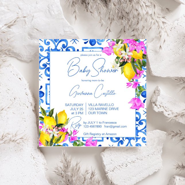 Convites Blue Azulejo Lemons Bougainvillea Mediterrâneo (Blue Tiles Lemons Bougainvillea Mediterranean Italian Green baby shower Invitation template digital)