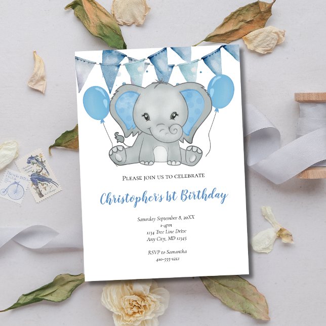 Convites Blue Baby Boy Elephant Balon 1rua Primeiro Anivers (Blue Elephant Balloons Banner 1st Birthday Invitation for Baby Boy)