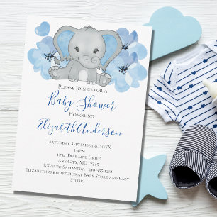 Convites Blue Baby Boy Elephant Chá de fraldas Flowon