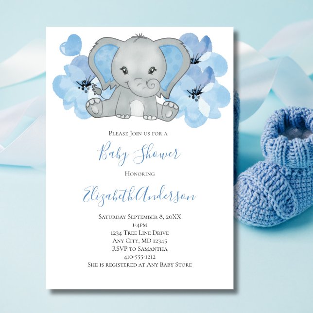 Convites Blue Baby Boy Elephant Chá de fraldas Flowon (Baby Boy Blue Elephant Baby Shower Invitation. Printed or Instant Digital Download)