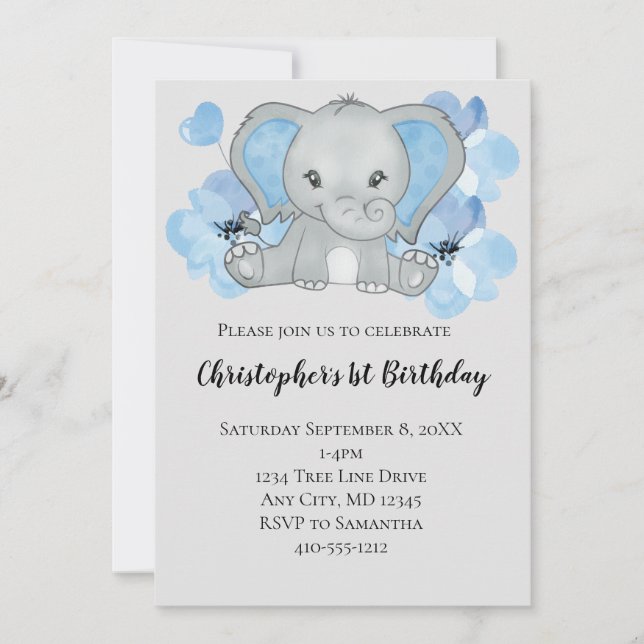 Convites Blue Baby Boy Elephant Flowants Balões Aniversário (Frente)