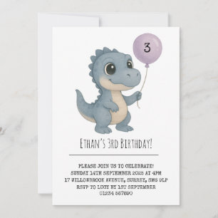 Convites Blue Baby Dino com balão roxo Aniversário