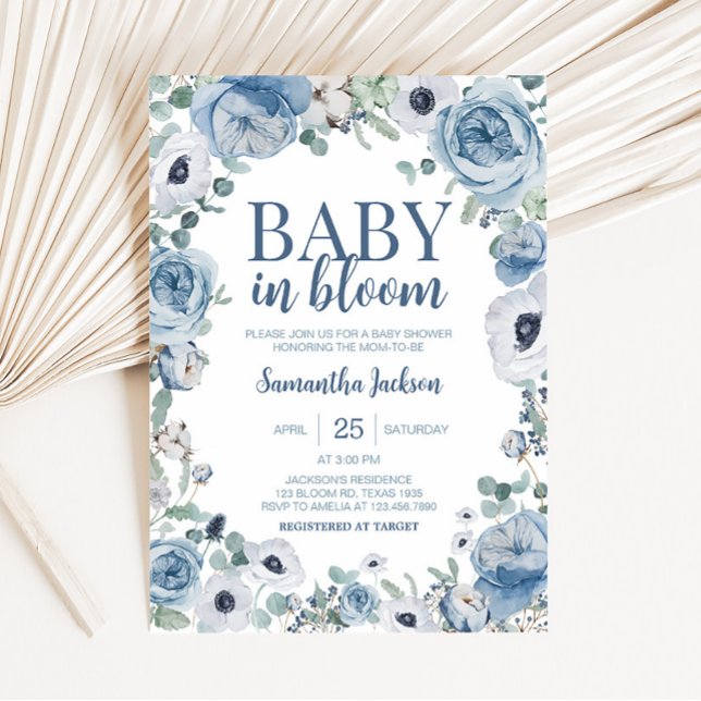 Convites Blue Baby in Bloom Chá de fraldas (Dusty Blue Wildflower Baby Shower Invitation )