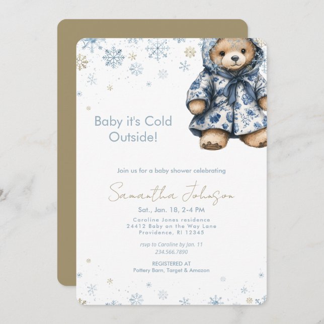 Convites Blue Baby It's Cold Outside Teddy Bear (Frente/Verso)
