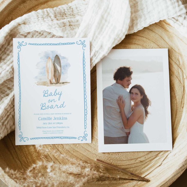 Convites Blue Baby on Conselho Beach Chá de fraldas Invance (Baby on Board boy baby shower invitation)