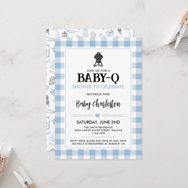 Convites Blue Baby-Q Baby Shower Invitation | BBQ Party (Frente/Verso In Situ)