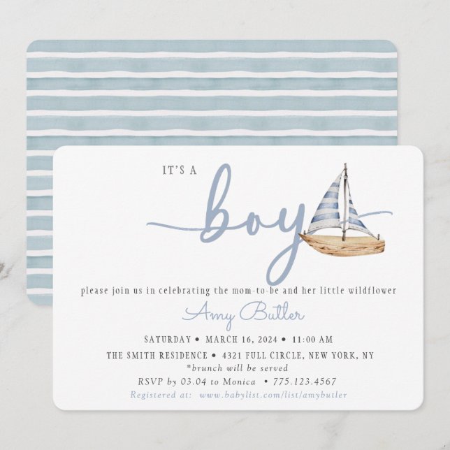 Convites Blue Baby Shower Invitation with Sailboat & Stripe (Frente/Verso)