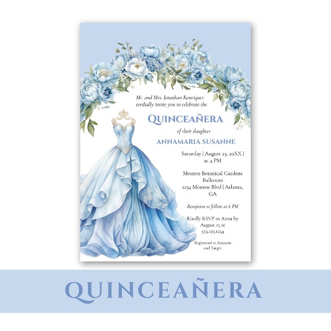 Convites Blue Ball Gown Blue Floral Quinceañera |  (Criador carregado)