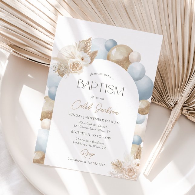Convites Blue Balloon Pampas Grass Boy Baptism (Criador carregado)