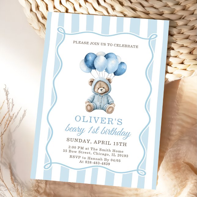 Convites Blue Balloons Teddy Bear Birthday Invitation  (Criador carregado)