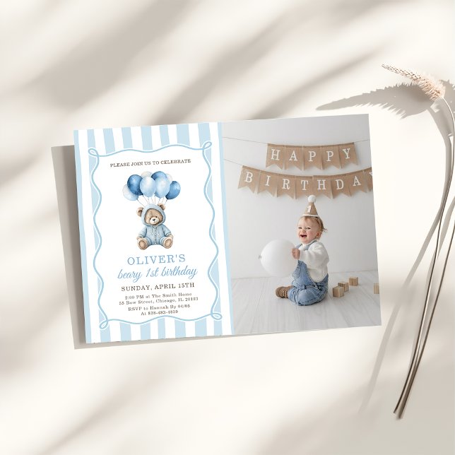 Convites Blue Balloons Teddy Bear Birthday Invitation  (Criador carregado)