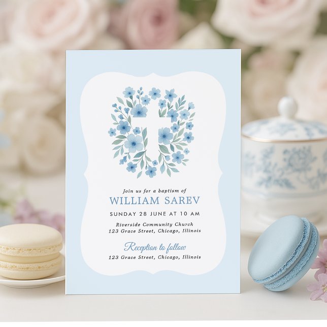 Convites Blue Baptism Convide com Design de Quadro Curvo (Elegant blue floral cross baptism invitation for baby boy – customizable template)