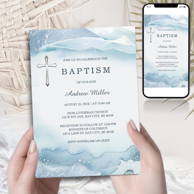 Convites Blue Baptism Invitation with Cross | Printable (Criador carregado)