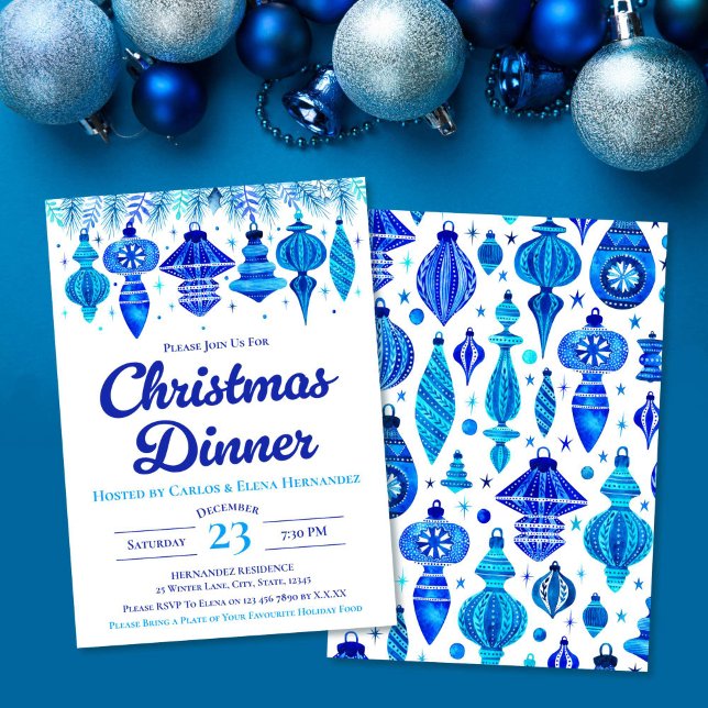 Convites Blue Baubles Janta Watercolor (Blue Baubles Christmas Dinner Watercolor Invitation)