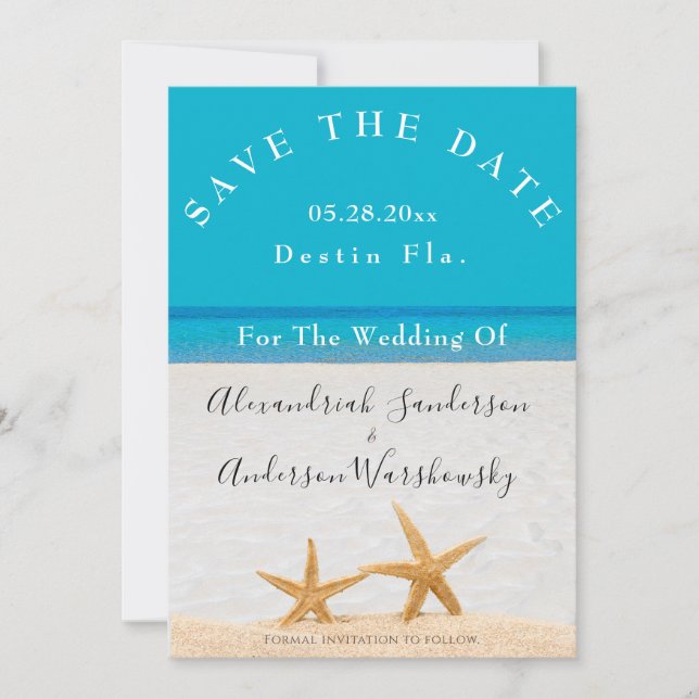 Convites Blue Beach Wedding 2 Starfish Sand Save the Date (Frente)