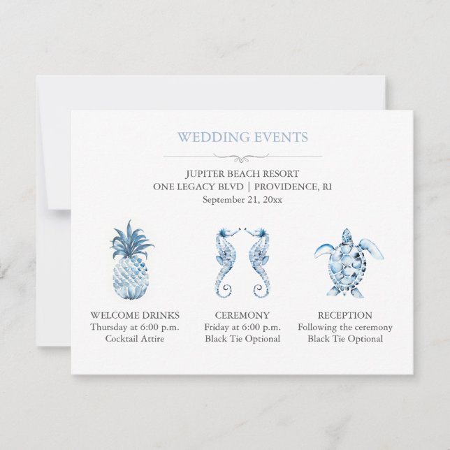 Convites Blue Beach Wedding Event Details with QR Code (Frente)