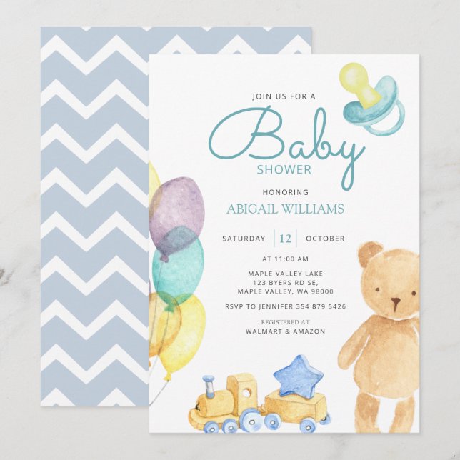 Convites Blue Bear & Balloon Watercolor - Chá de fraldas (Frente/Verso)