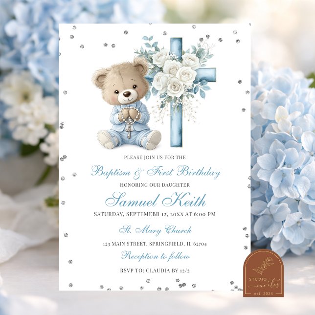 Convites Blue Bear Baptism & First Birthday Invitation (Criador carregado)