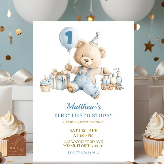 Convites Blue Bear Boy Beary first birthday invitation (Criador carregado)