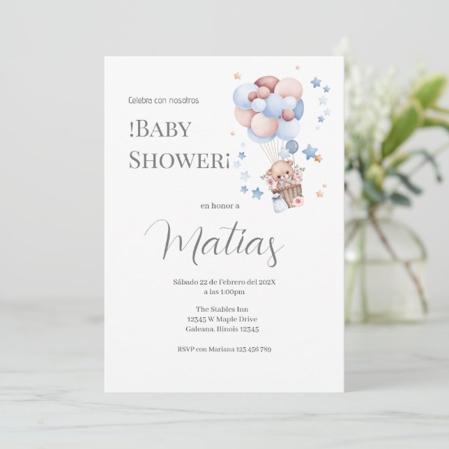 Convites Blue Bear Spanish Baby Shower Boy invitation (Em pé/Frente)