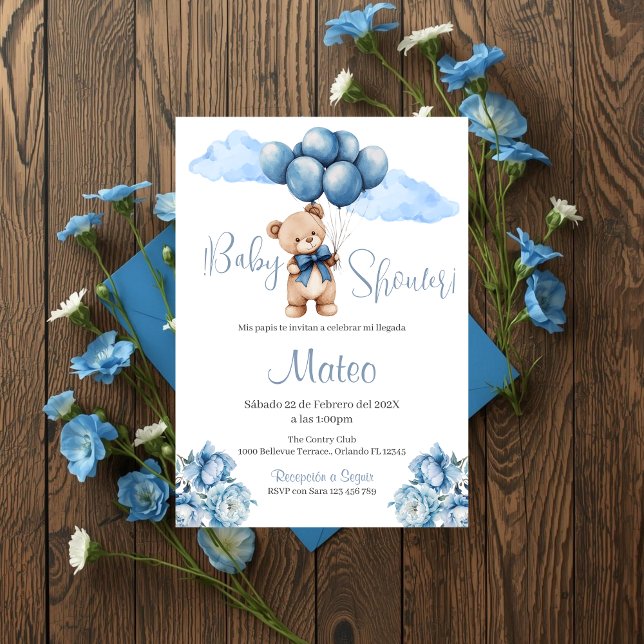 Convites Blue Bear Spanish Baby Shower Boy invitation (Criador carregado)