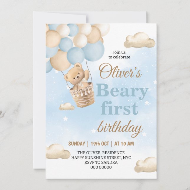 Convites Blue Beary First Birthday (Frente)