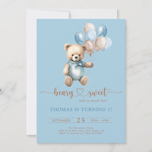 Convites Blue Beary Sweet Boy primeiro aniversario Teddy Be (Frente)