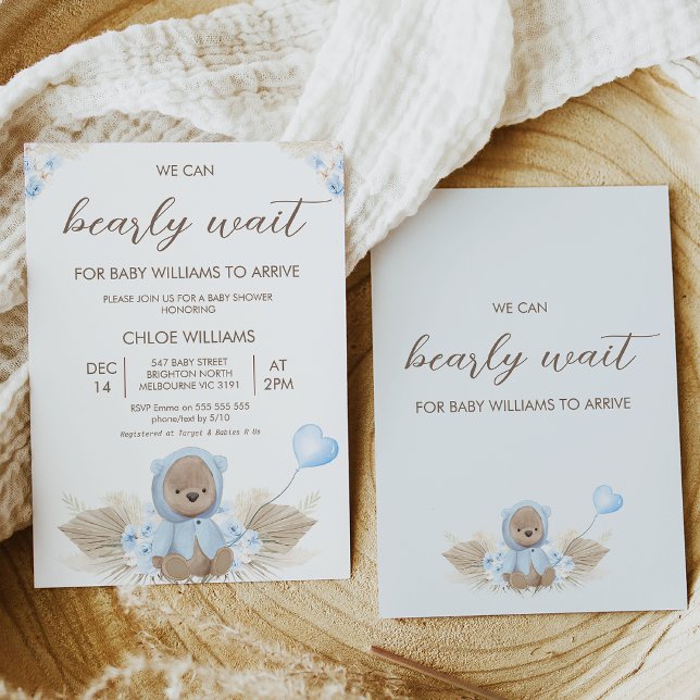 Convites Blue Beige Podemos Ampliar Chá de fraldas de Esper (Boy we can bearly wait for baby to arrive baby shower invitation featuring a blue flowers.)