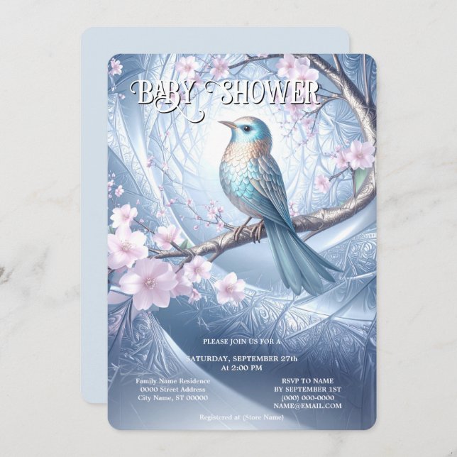 Convites Blue Bird Floral Baby Shower Invitation (Frente/Verso)