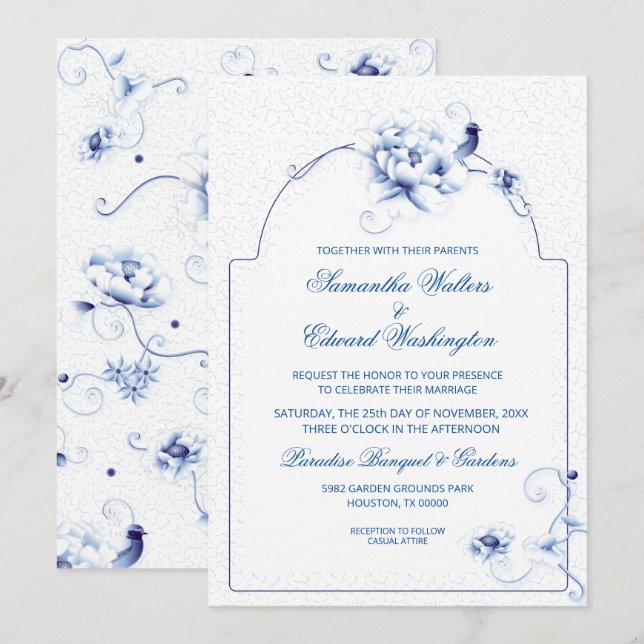 Convites Blue Bird Rosa Chinoiserie Floral | Casamento (Frente/Verso)