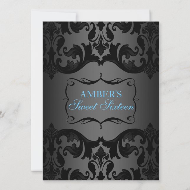 Convites Blue & Black Damask Sweet 16 Birthday Invite (Frente)