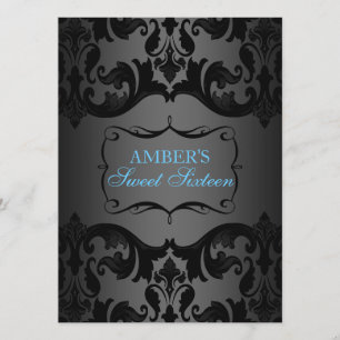 Convites Blue & Black Damask Sweet 16 Birthday Invite