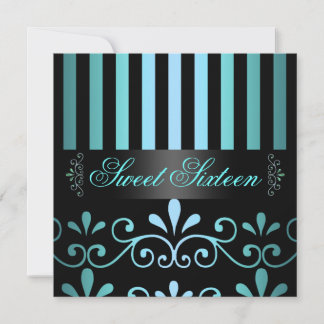 Convites Blue/Black Stripe & Swirl Sweet 16