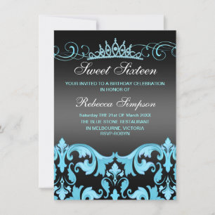 Convites Blue/Black Sweet16 Damask & Tiara Birthday Convida