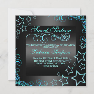 Convites Blue/Black Sweet16 Star & Swirl Birthday Convidar