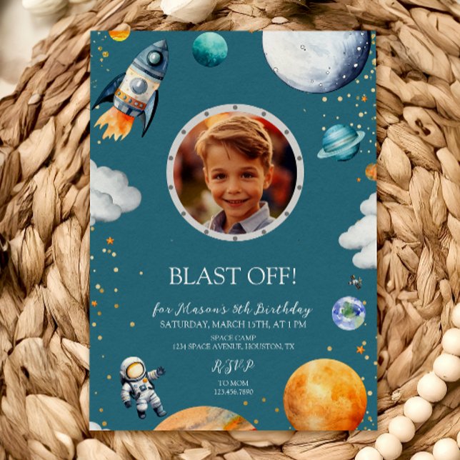 Convites Blue Blast Off Photo Space Theme Kids Birthday (Criador carregado)
