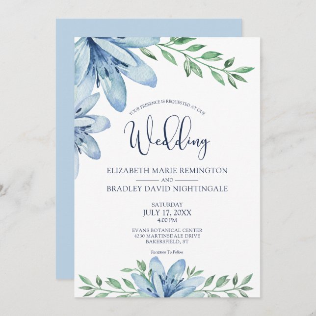 Convites Blue Blooms e Greenery Wedding (Frente/Verso)
