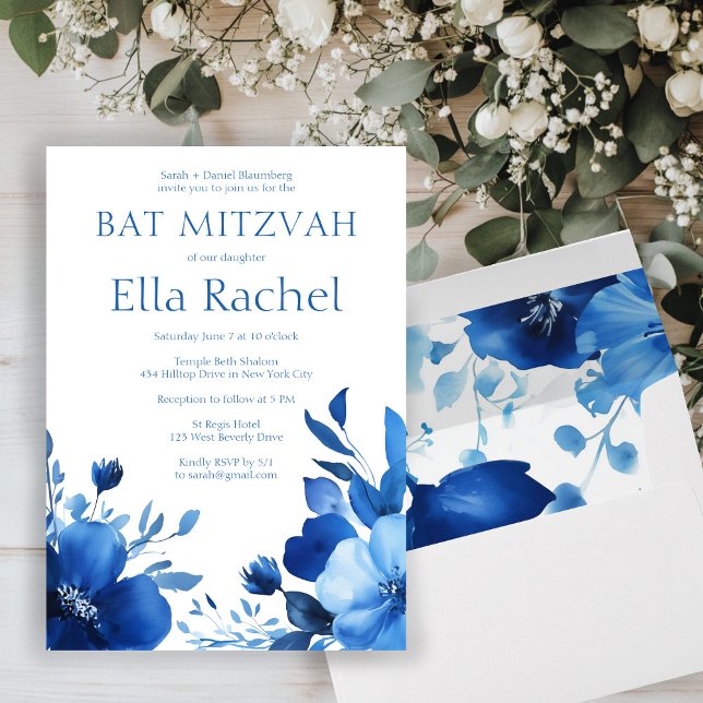 Convites Blue Blooms Watercolor BAT MITZVAH PERSONALIZADO (Blue Blooms Watercolor BAT MITZVAH CUSTOM Invitation
)