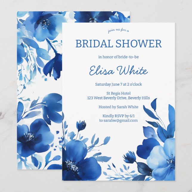 Convites Blue Blooms Watercolor Chá de panela PERSONALIZADO (Frente/Verso)