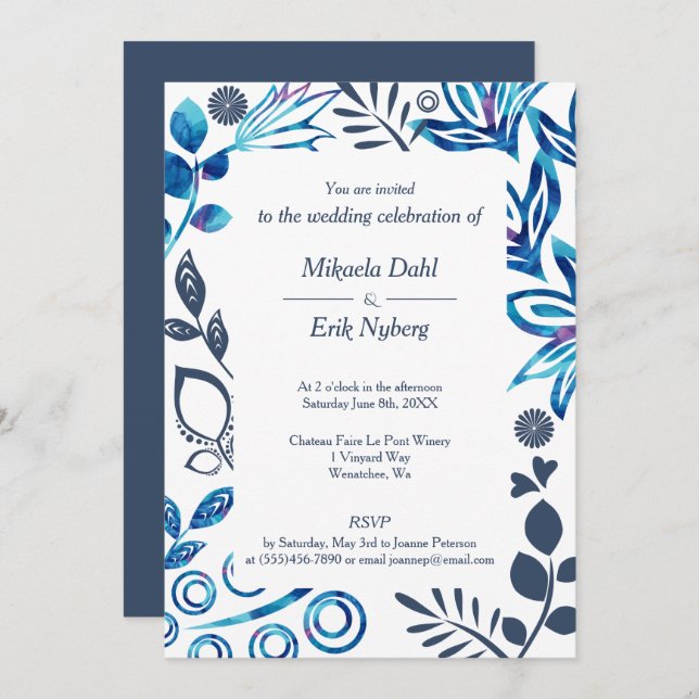 Convites Blue, Bluish Gray Floral Pattern Frame Wedding (Frente/Verso)