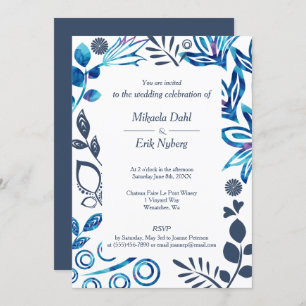 Convites Blue, Bluish Gray Floral Pattern Frame Wedding
