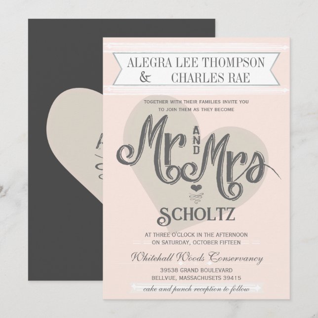 Convites Blue Blush Peach Sr. e Sra. Typografia Wedding (Frente/Verso)