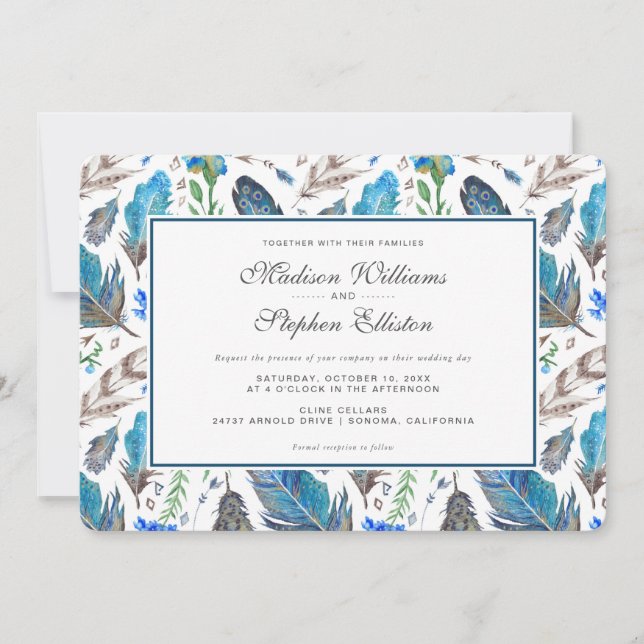 Convites Blue Boho Aztec Watercolor - Casamento (Frente)