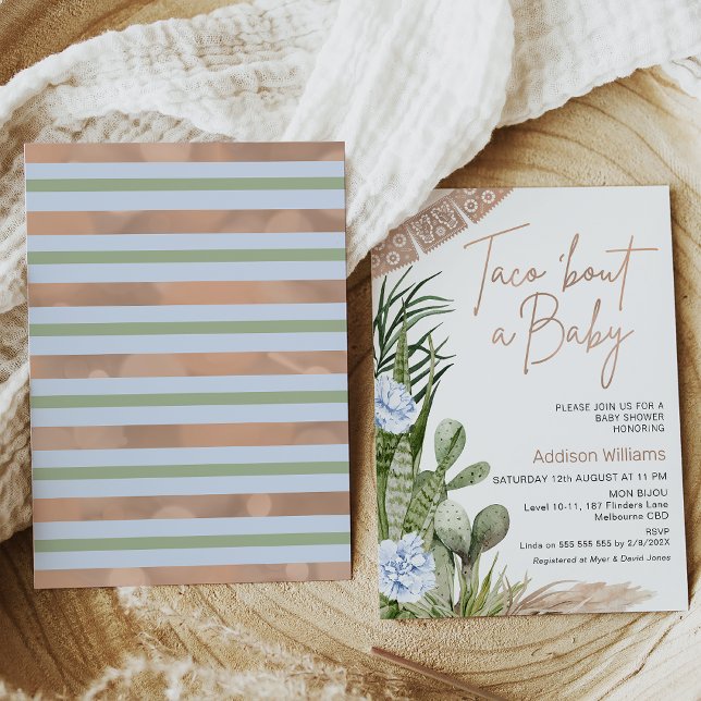 Convites Blue Boho Fiesta Taco Sobre Um Chá de fraldas De B (Boy's taco 'bout a baby baby shower invitation featuring cacti and blue flowers in a boho style.)