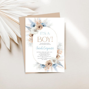 Convites Blue Boho Floral Pampas Chá de fraldas Grass Boy