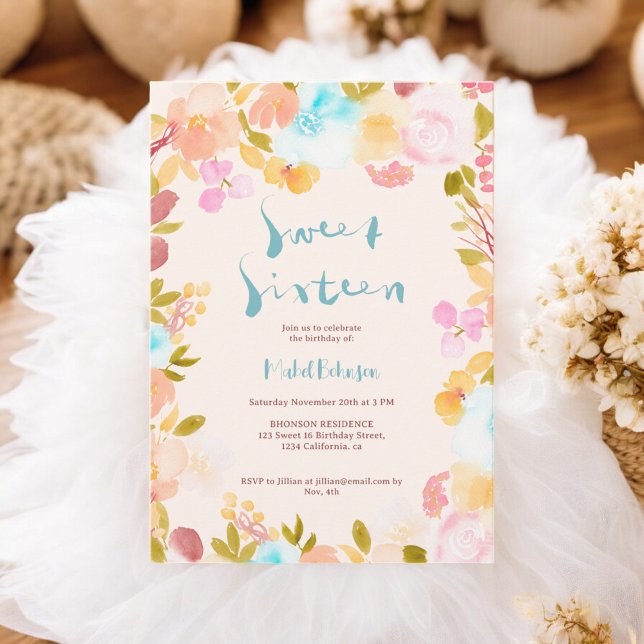 Convites Blue boho floral watercolor script Sweet 16 (blue boho floral watercolor script Sweet 16 Invitation)