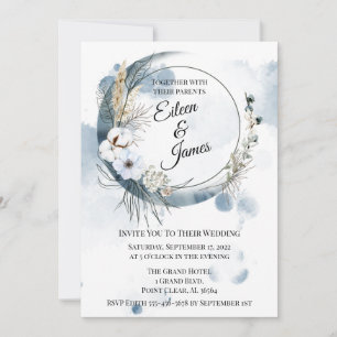 Convites Blue Boho Watercolor Half Moon Wedding