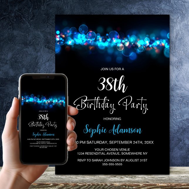 Convites Blue Bokeh Black Any Age Birthday Party (Criador carregado)