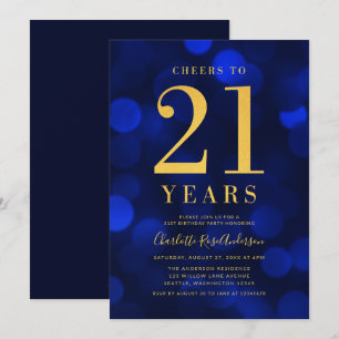 Convites Blue Bokeh Dourado Cheers to 21 Anos de Festa de a