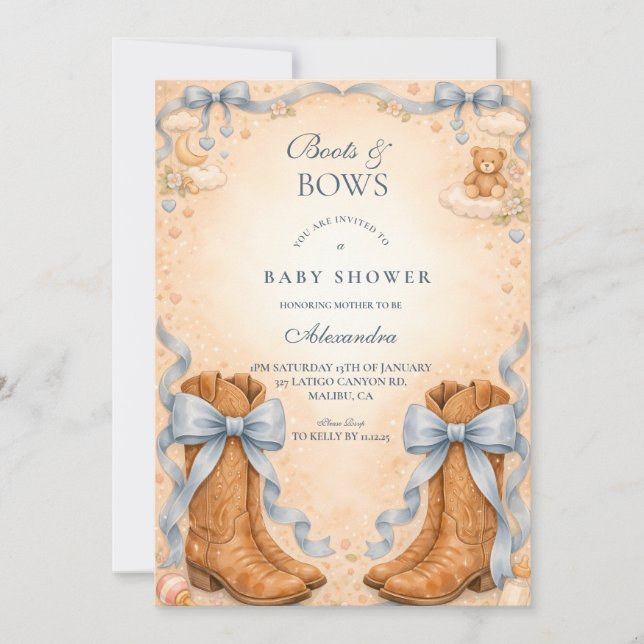 Convites Blue Boots And Bows Boy Baby Shower (Frente)